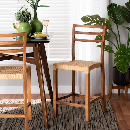 Baxton Studio Arthur MidCentury Modern Walnut Brown Mahogany Wood and Natural Rattan Counter Stool 212-12811-ZORO